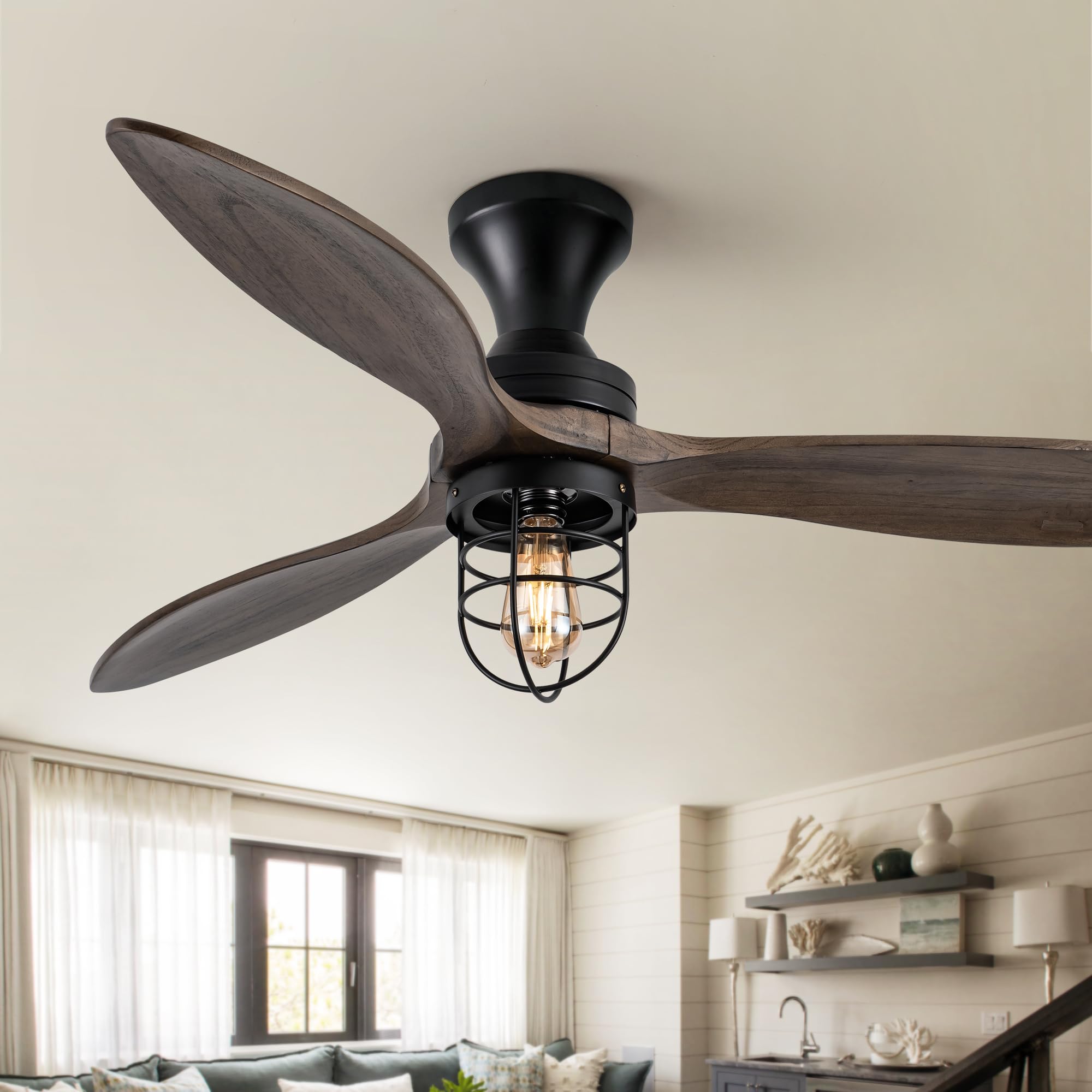 Photo 1 of WWM Rustic Flush Mount Ceiling Fan with Lights Remote Control, 52 Inch Low Profile Indoor Ceiling Fans with 3 Wood Blades,6 Speed Quiet Reversible DC Motor for Bedroom,Living Room,Outdoor Patio