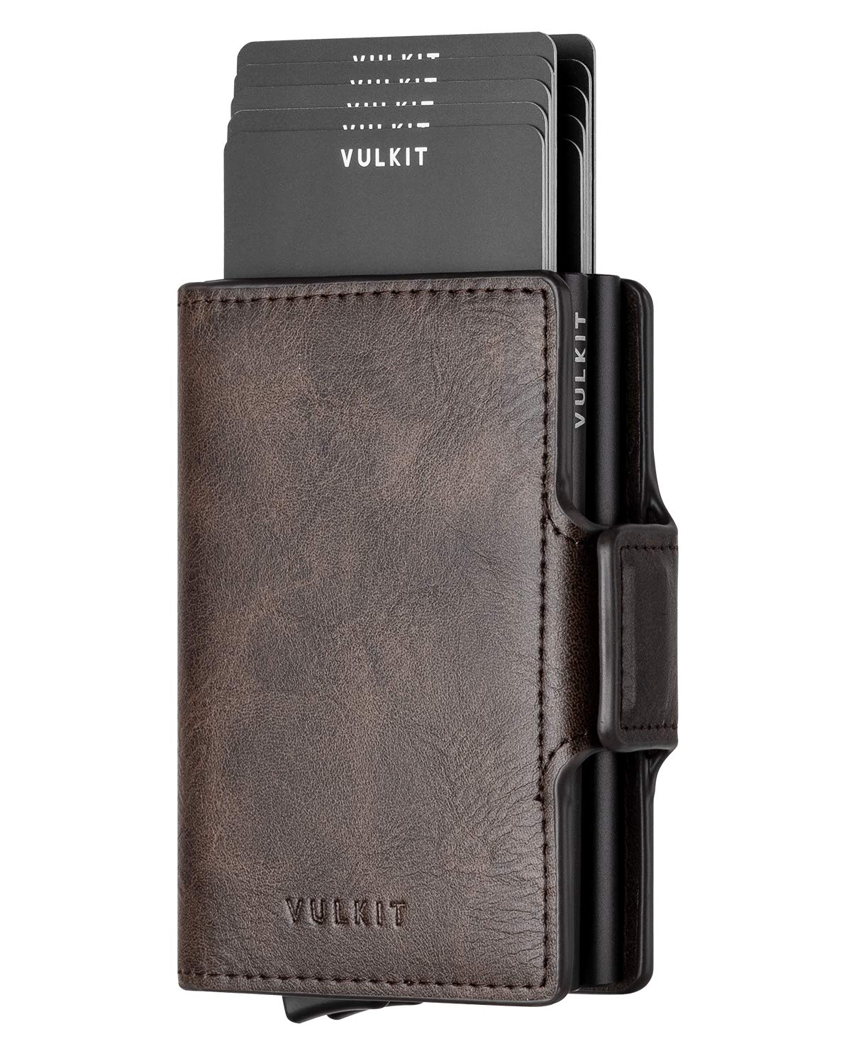 VULKIT Double Credit Card Holder RFID Blocking Pop Up Metal Card Holder Leather Men's Wallets Magnetic Closure with 2 Slots for 10-14 Cards, Espresso