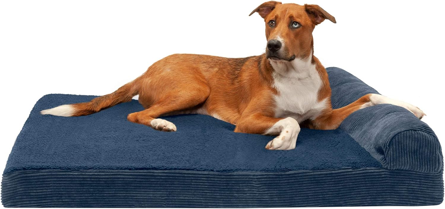 Furhaven Pet Dog Bed - Deluxe Memory Foam Faux Fleece and Corduroy Chaise Lounge Living Room Couch Pet Bed with Removable Cover for Dogs and Cats, Navy, Jumbo : Pet Supplies