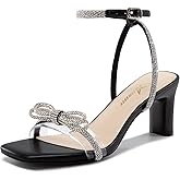 Athlefit Women's Rhinestone Bow Heels Clear Open Square Toe Block Heels Buckle Heeled Sandals for Party Wedding