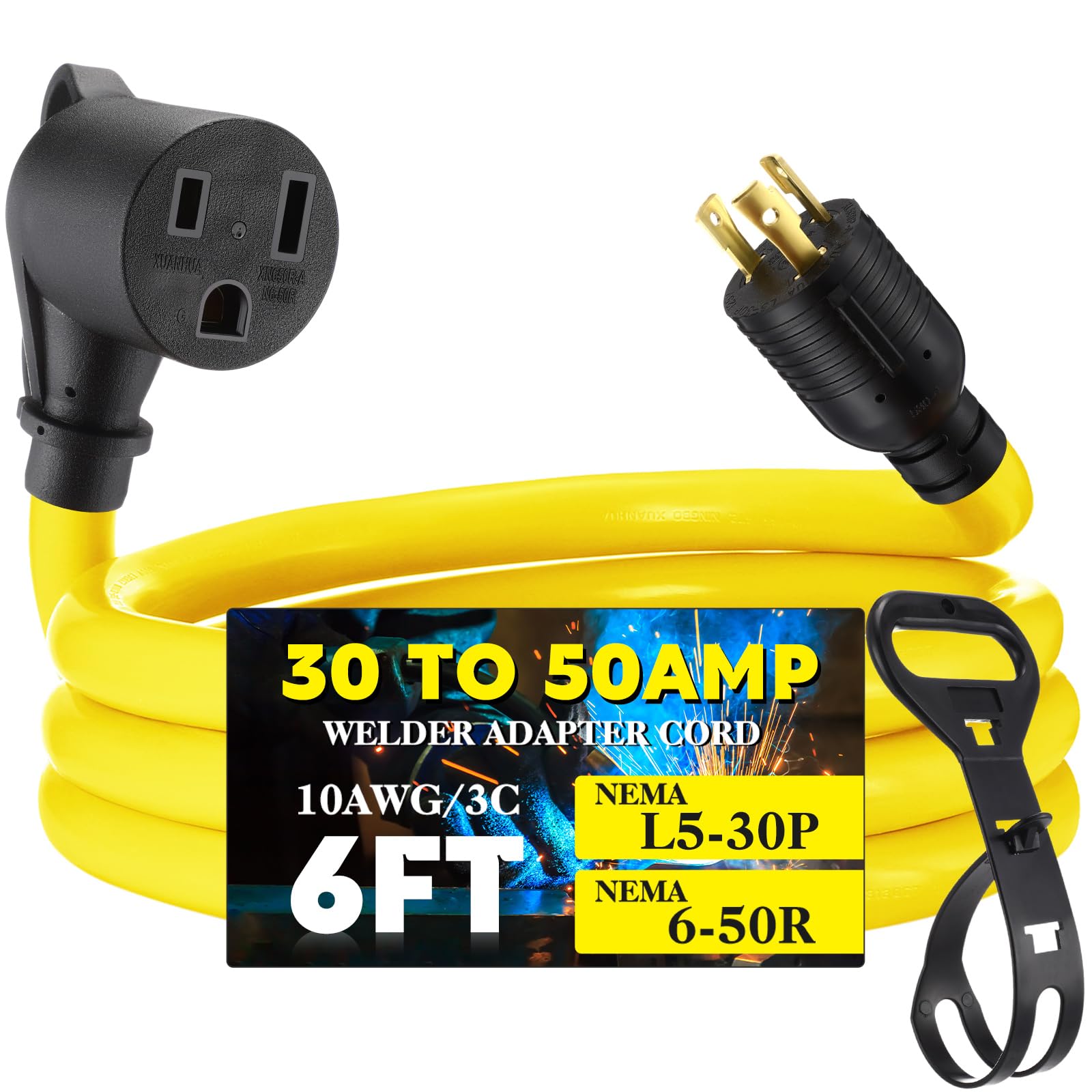 Photo 1 of Tellegloww 6ft 30Amp to 50Amp Welder Extension Cord, Compatible with NEMA L5-30P Male to 6-50R Female Locking 3 Prong to 3 Prong Welder Power Adapter, STW 10 AWG/3C, 30 Amp 250V 7500 Watt ETL Listed