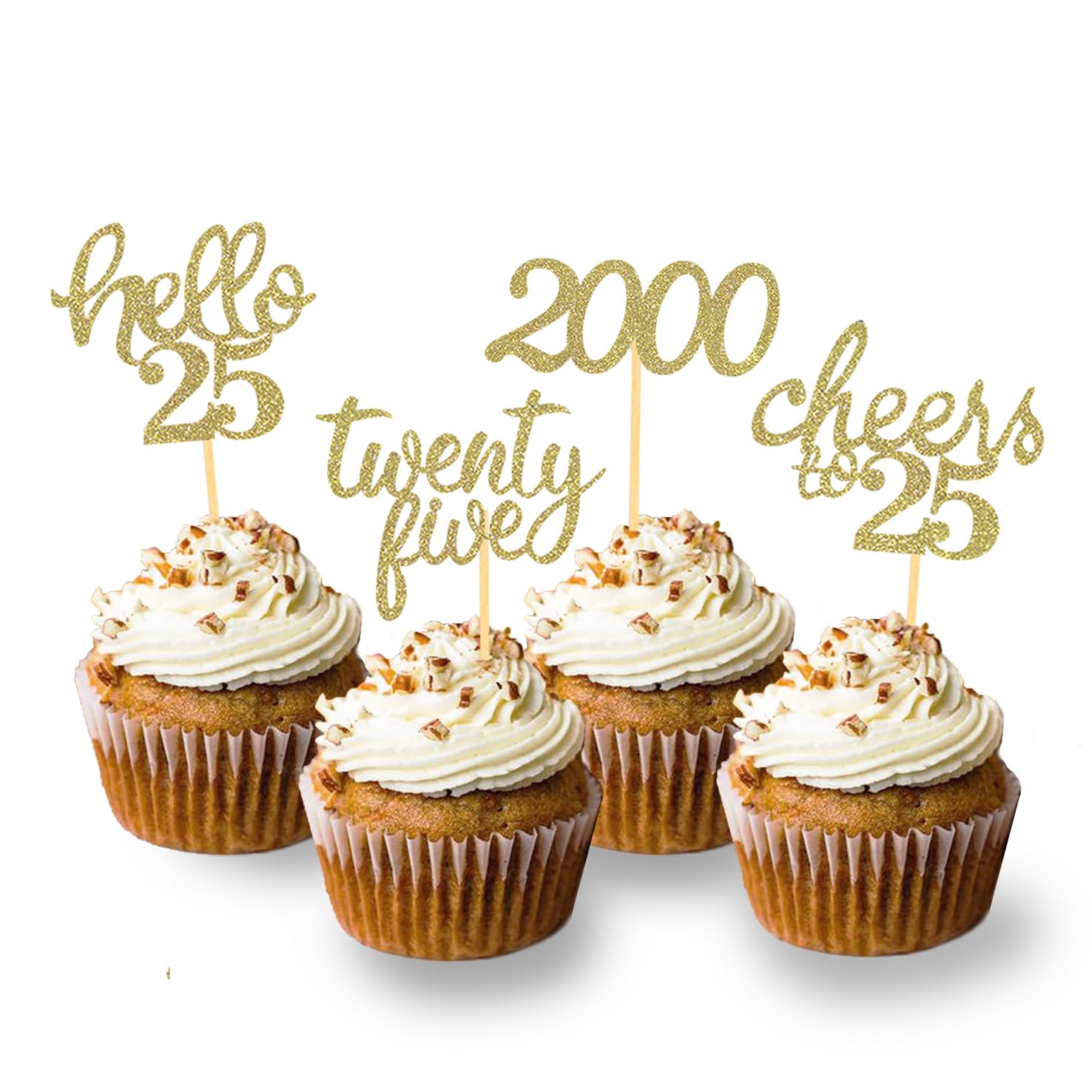 Photo 1 of 24Pcs Glitter 25th Birthday Cupcake Toppers, Hello 25th Birthday Cake Topper- 25th Birthday Decorations for Celebrating Twenty-Five Years Old Birthday Party (Gold)