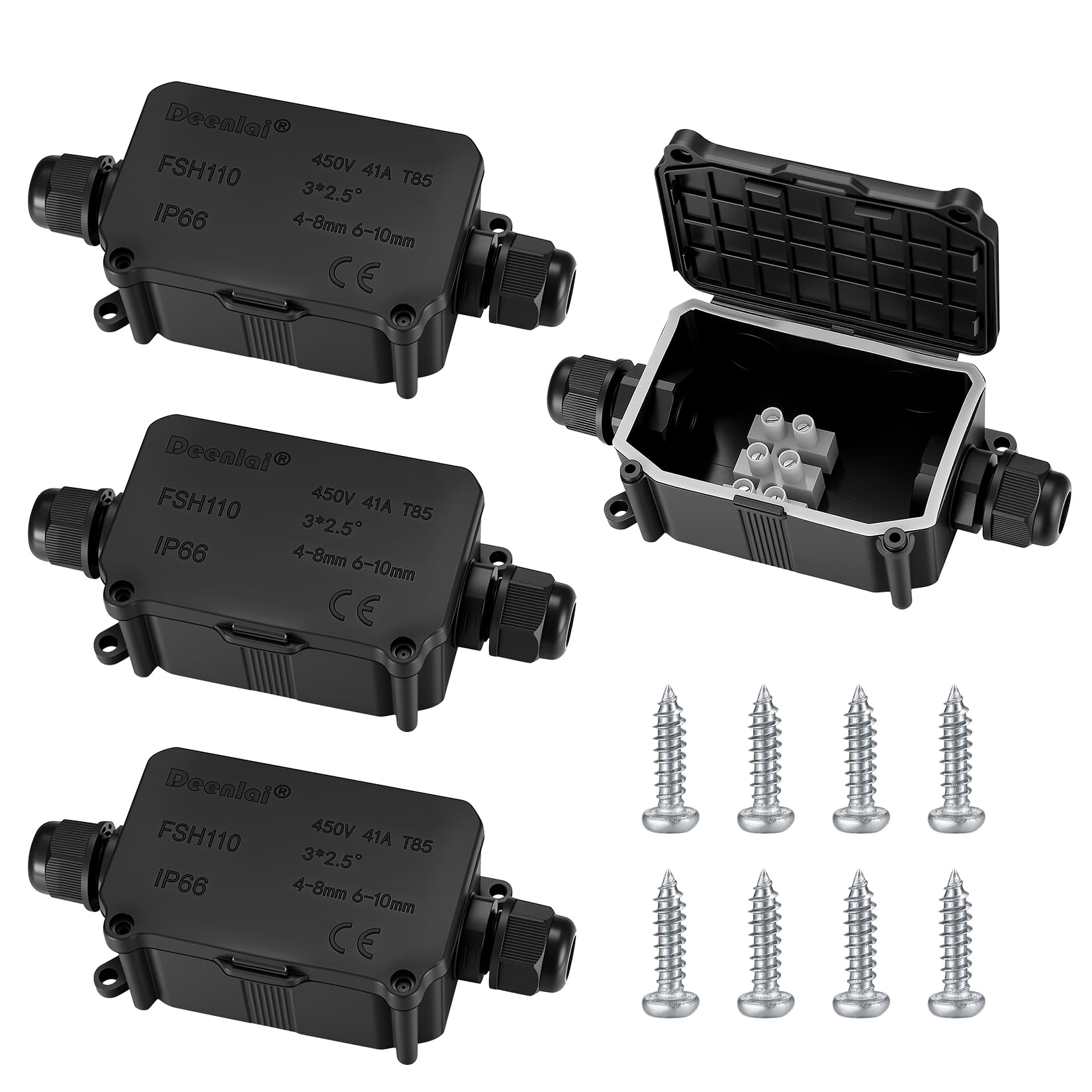 4 Pcs IP66 Waterproof Junction Boxes, 2-Way Outdoor Electrical Connectors, Black Extension Connectors with PG9 Glands for Ø3mm-8mm & Ø6mm-10mm Cable