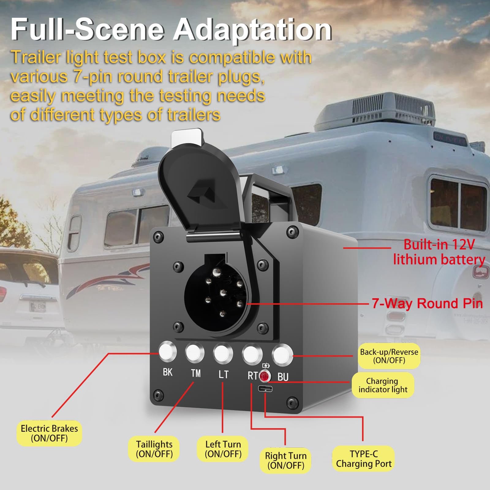 Condition photo showing New/Like New for portable trailer light tester box, wireless remote control operation, with 12v 10ah battery and 7 pi