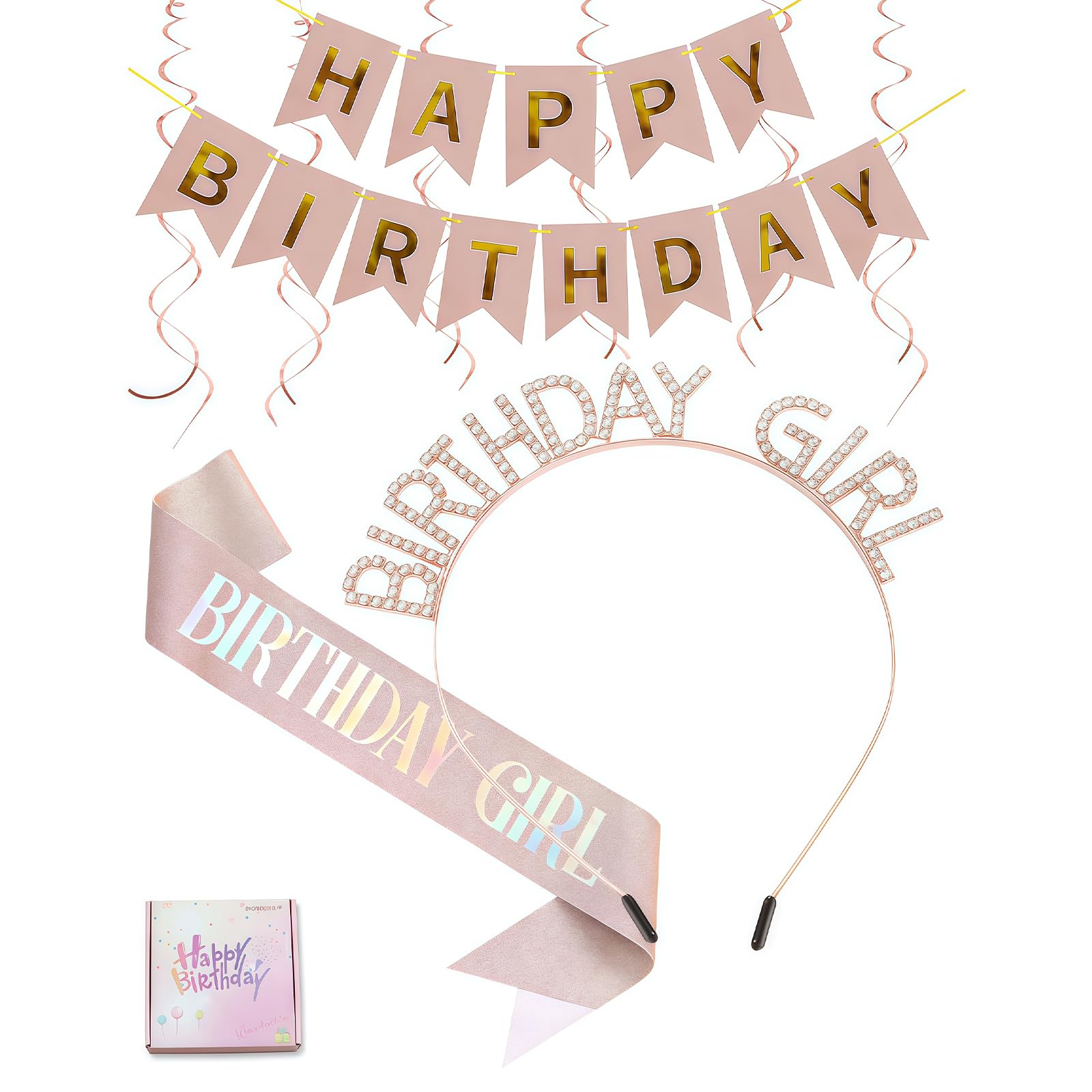 Cosblisvia 4 Pcs Birthday Girl Sash Set, Rhinestone Headband and Party Favours for Women, Ladies, Girls for Party, Celebration, Anniversary (Rose Gold)
