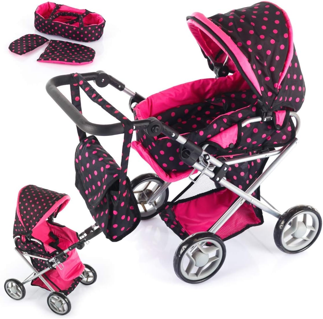 Kinderplay 2 in 1 Dolls Pram/Pushchair Age 3+ Black Fabric with Pink Dots