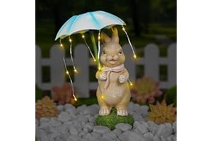 MININOVA Solar Garden Statues Outdoor Rabbit Figurine with Umbrella LED String Lights for Outside Yard Decorations Gifts for Birthday Easter Housewarming