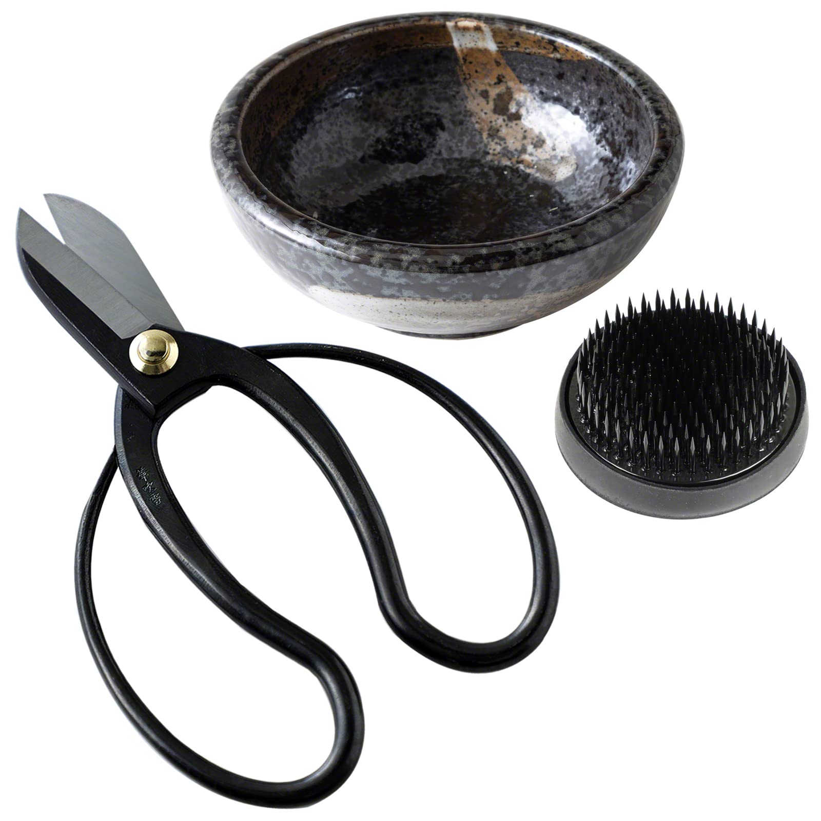 Wazakura Ikebana Floral Arrangement Tools Kit - Koryu Flower Scissors, Black Kenzan, Minoyaki Black Ceramic Flower Vase Made in Japan