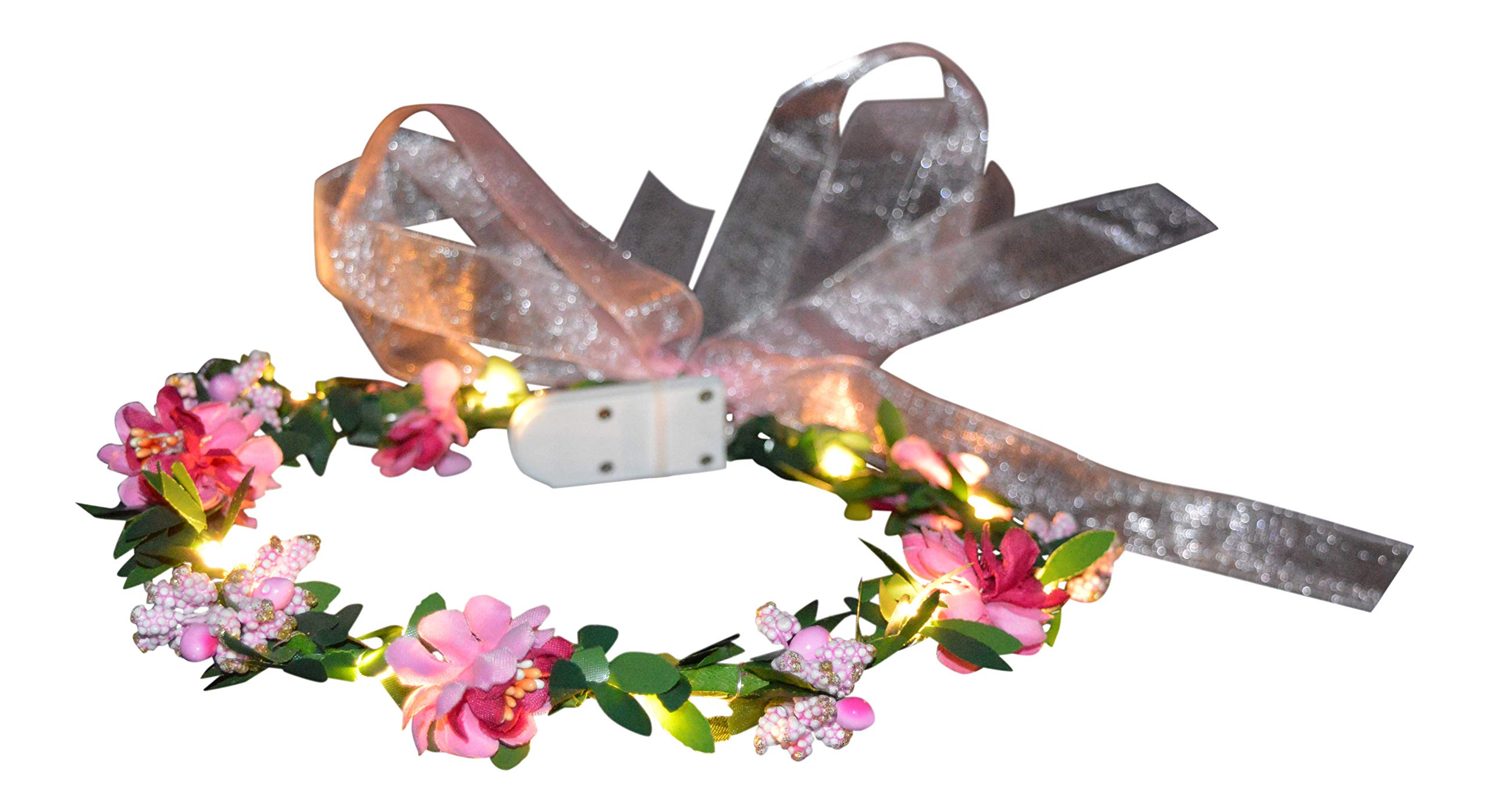Light Up Floral Wreath Crown Garland with Warm White LEDs - Glowtopia - Flower Headband Wedding Decoration Festivals (Bridal Wribbon - Pink)