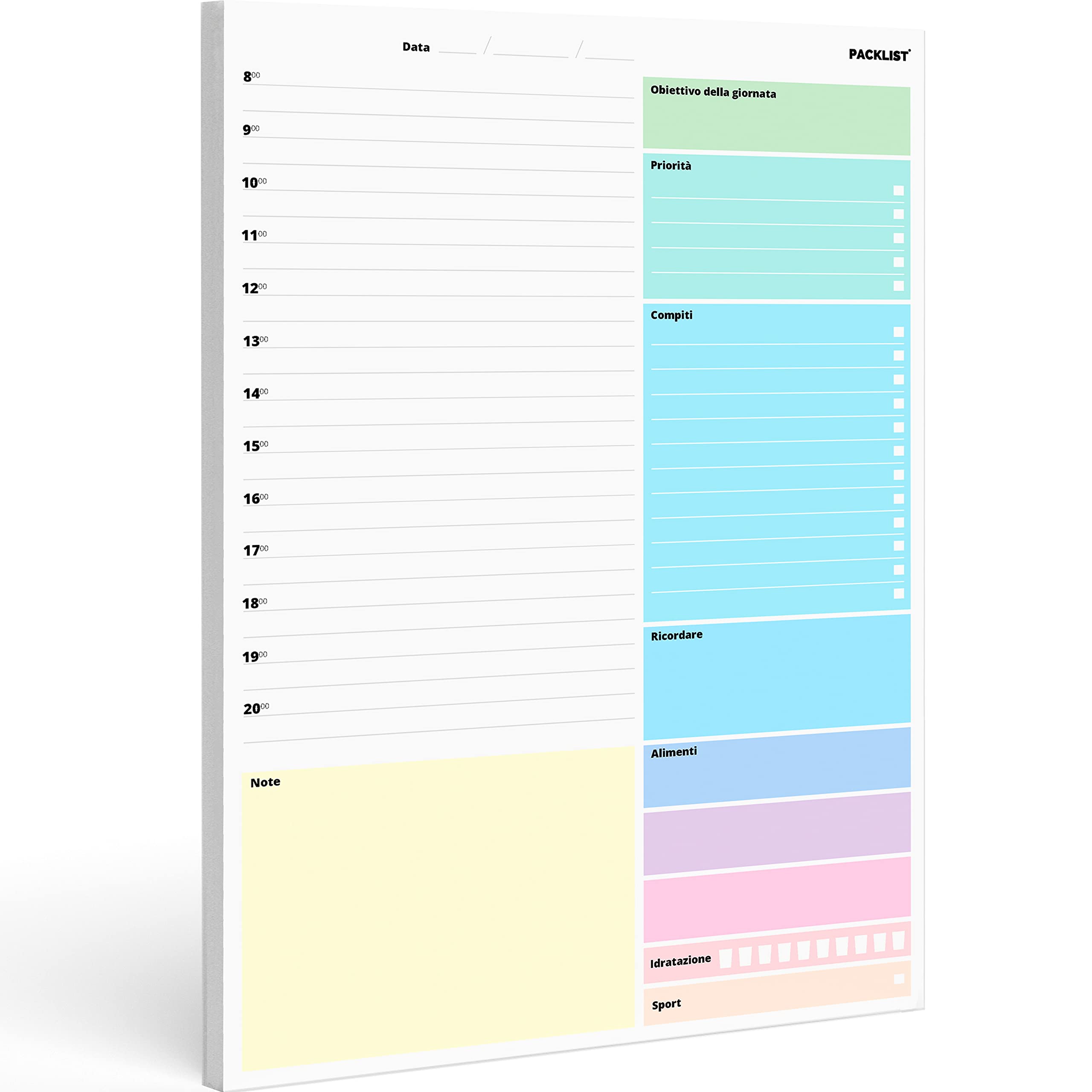 PACKLIST Daily Planner A4 - Planner Giornaliero 52 p. per Piani Casa, Studio, Lavoro e Famiglia: Obiettivo della Giornata, Priorità, Compiti, Ricordare, Note, Alimenti, Idratazione e Tracker Sportivo — image 1