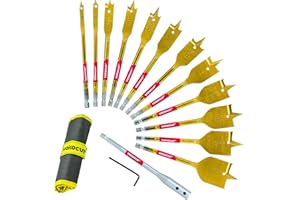 YOKOCUT Spade Drill Bit Set, 13pcs Paddle Bits in SAE, 1/4 Hex Shank Flat Wood Bits for Woodworking, 1/4" to 1-1/2" Spade Bits for Wood with Nylon Storage Pouch