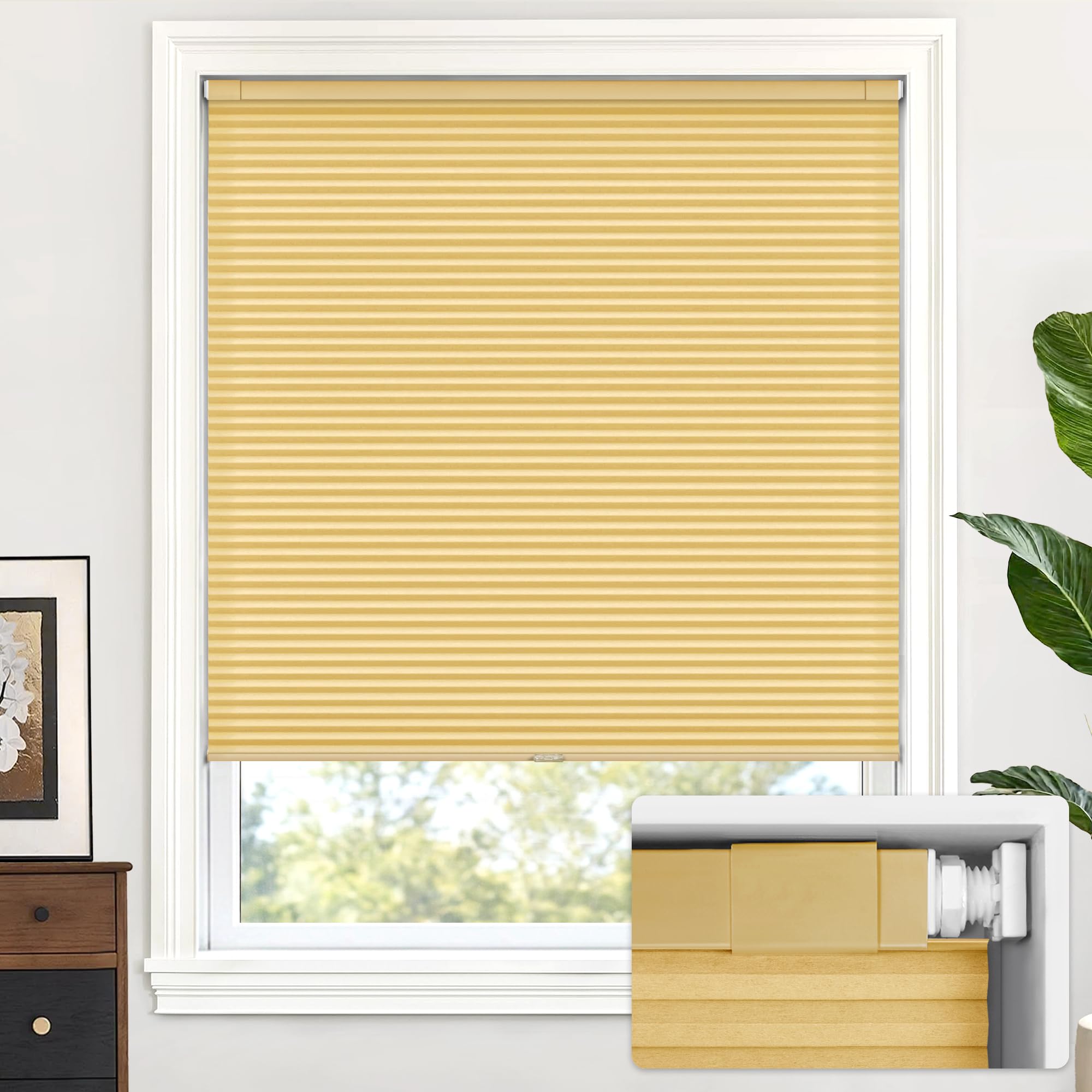 LazBlinds Cordless Cellular Shades, No Tools No Drill Light Filtering Honeycomb Shades Pleated Blinds for Windows, 24'' W x 64'' H, Yellowish-Brown Image