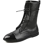 Helenbra Women's Round Toe Lace up Mid Calf Flat Boots,Fashion Hand Stitching Non Slip Wearable Square Heel Low Heel Leather Shoes Casual Winter Snow Boots Pointed Boots