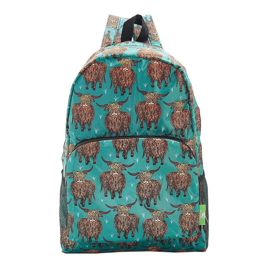 Eco Chic Lightweight Foldable Water Resistant Backpack Rucksack Folds into Pouch for Storage (Highland Cow Teal)