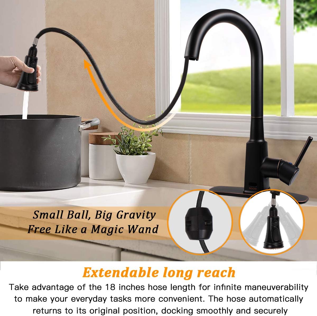 Touchless Kitchen Faucet, Soosi Motion Sensor Single Handle Automatic Kitchen Faucets One/3 Hole3 Setting Sprayer Oil Rubber Bronze Kitchen Faucets with Pull Down Sprayer Spot Free Stainless Steel - - 