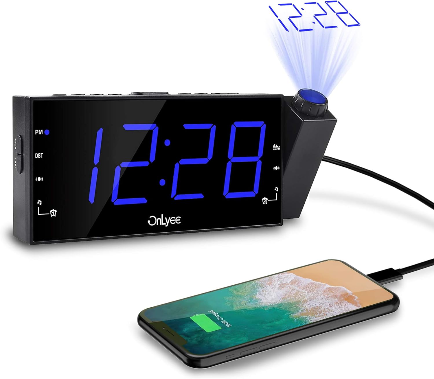 OnLyee Projection Ceiling Wall Clock, AM FM Radio Alarm Clock, 7" LED