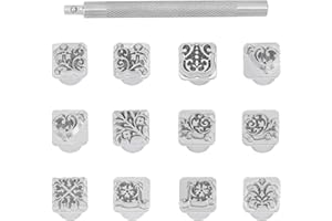 PH PandaHall 12pcs 10mm Zinc Alloy Leathercraft Metal Flower Pattern Stamps Punch Set Tool with 1pc Handle for Leather Craft Belt Bag Craft DIY Jewelry Marking, 12 Shapes