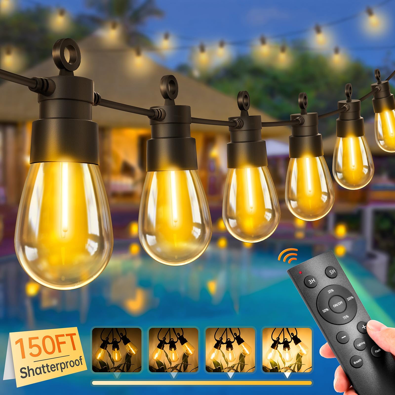 Photo 1 of ***MISSING POWER ADAPTER*** UIONVO 150FT Dimmable Outdoor Patio Lights - Remote Control LED String Lights with 43+2 IP65 Waterproof Shatterproof Edison Bulbs, 3 Modes 2 Timer Outside Hanging Light for Porch Bistro Camping Party