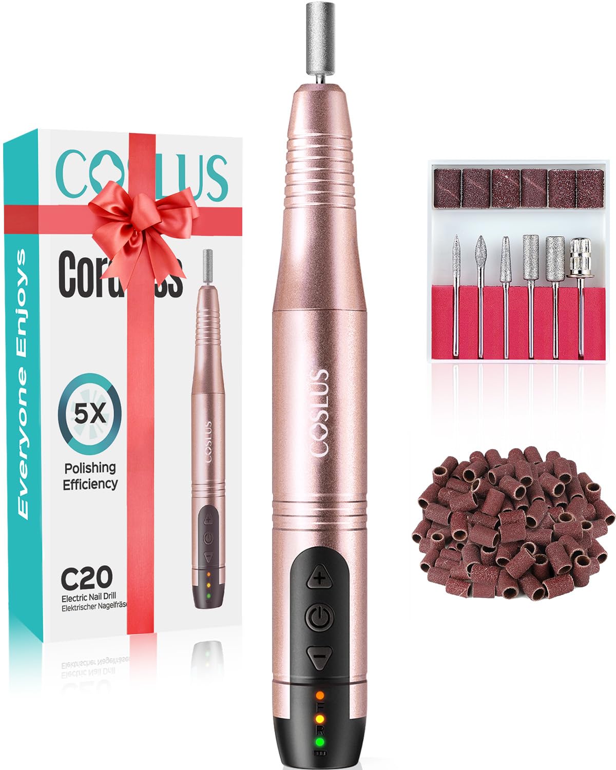 COSLUS C20 Nail Drill Cordless Portable Electric Manicure and Pedicure Set, Professional Nail Files for Acrylic Gel Nails, 6 Nail Drill Bits, Cuticles Hard Skin, Adjustable Speed Rechargeable E File
