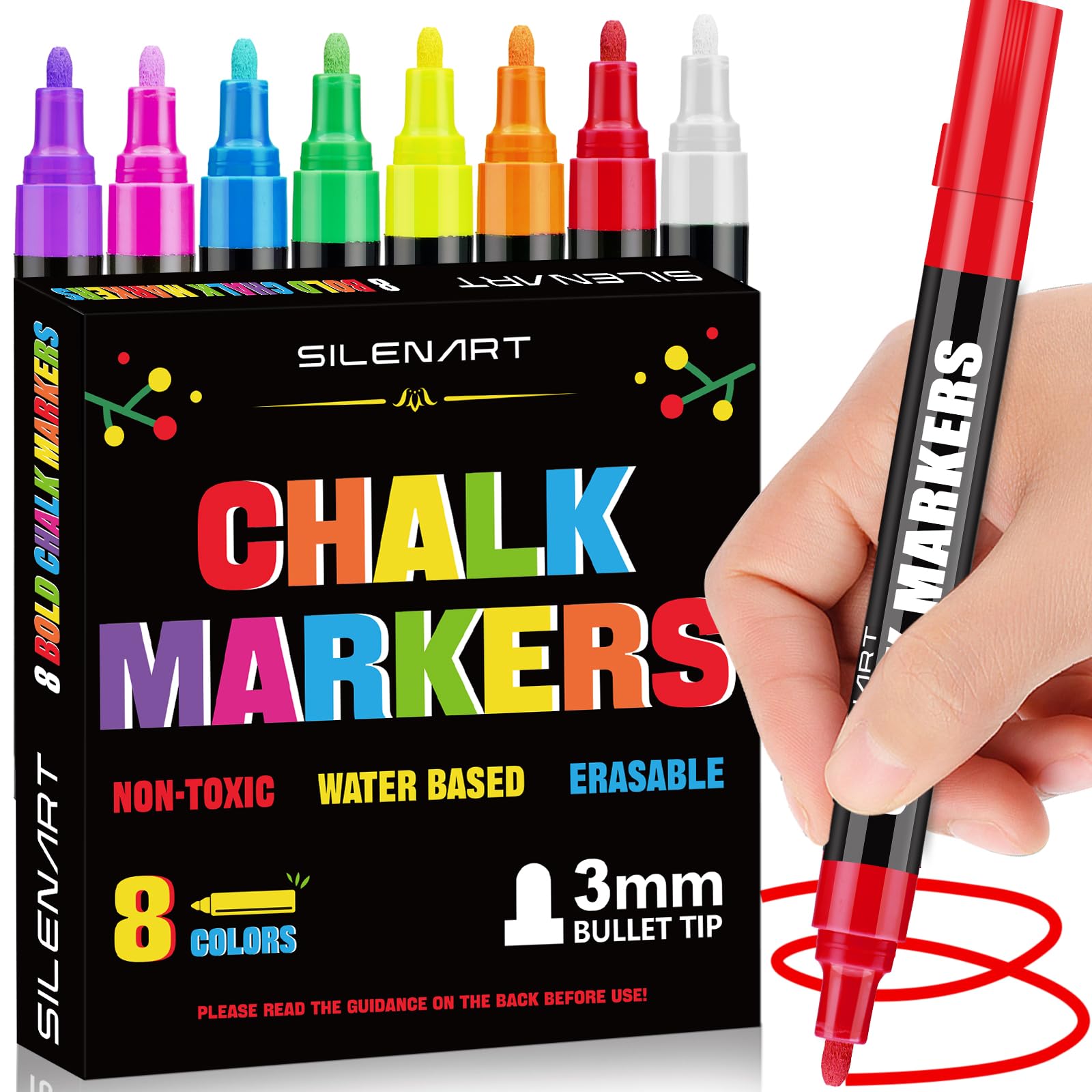 Photo 1 of SILENART Liquid Chalk Markers - 8 Vibrant Colors - Chalkboard Markers for Blackboard Glass Window Car Dry Erase Board Acrylic Calendar Board Whiteboard- Wet Erase