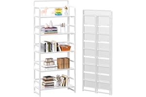 4NM No-Assembly 5 Tiers Folding Bookshelf Storage Shelves Vintage Bookcase Standing Racks Study Organizer Home Office (All White)