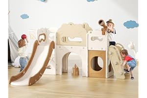 LISCHWERT Toddler Slide Indoor, 8 in 1 Indoor Playground for Kids 1-3 Toddler Playset with Climber, Basketball Hoop, Tunnel and Storage Space Kids Outdoor Slide Playset