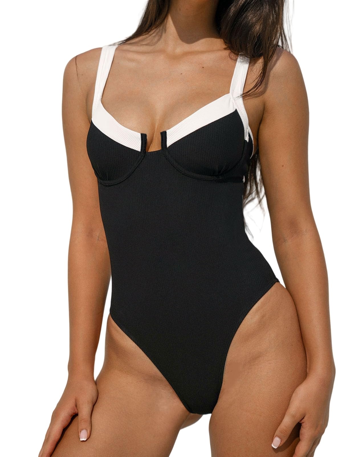 Photo 1 of BERLOOK Women's Contrast Trim Knotted Slimming One-Piece Swimsuit Sexy Retro Bathing Suits Black