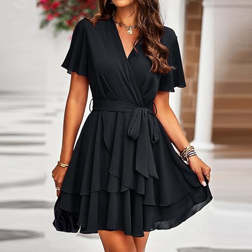 TcIFE Women's Casual Dress Deep V-Neck Short Sleeve Waist Tie Ruffle  Chiffon Elegant Mini Short Swing Skater Dresses, Black, S in Kenya | Whizz  Casual