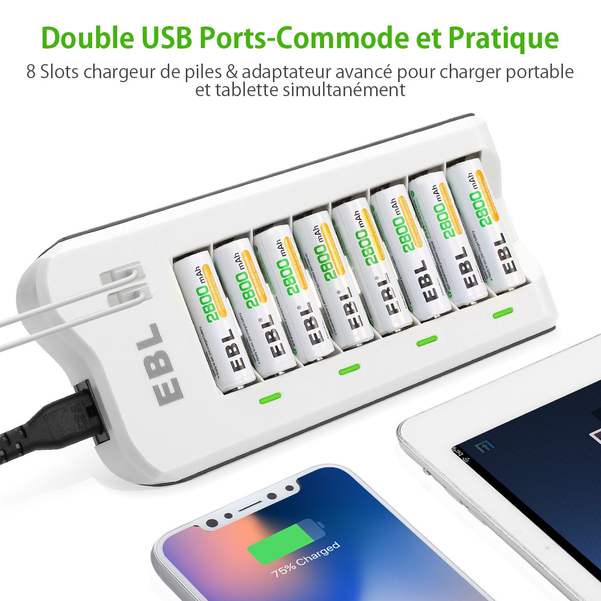 EBL 8pcs Piles AA 2800mAh + Chargeur de Piles 8 Slots avec 2 USB Ports pour Accus AA/AAA/Ni-CD/Ni-MH et Smartphone Tablette Rechargeable Rapide