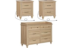 WAMPAT 3 Piece Dresser and Nightstand Sets, Farmhouse Dresser & Chest of Drawers with 6 Drawers & Metal Handle, Set of 2 Nightstands End Table with Charging Staion, 3 Piece Bedroom Set, Oak