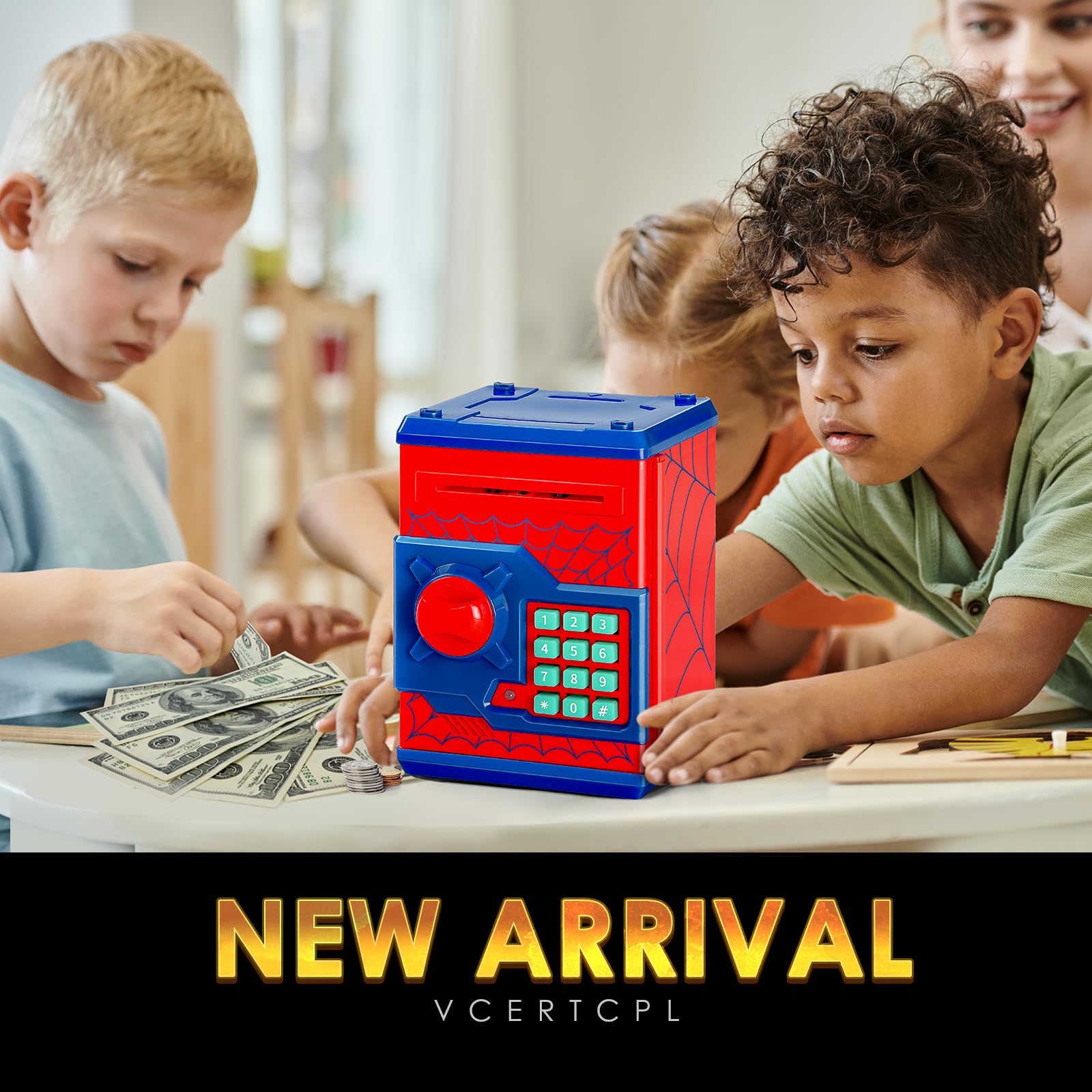 ATM Piggy Bank for Boys Girls, Vcertcpl Mini ATM Coin Bank Money Saving Box with Password, Kids Safe Money Jar for Adults with Auto Grab Bill Slot, Great Gift Toy Bank for Kids S Red