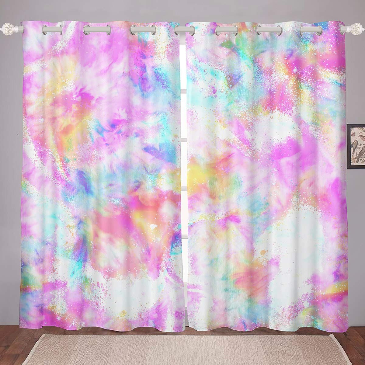 Girls Curtains Boho Hippie Tie Dye Curtains for Bedroom Living Room for Kids Women Bohemian Gypsy Decor Windows Drapes Chic Rainbow Colorful Room Decoration,W66*L72