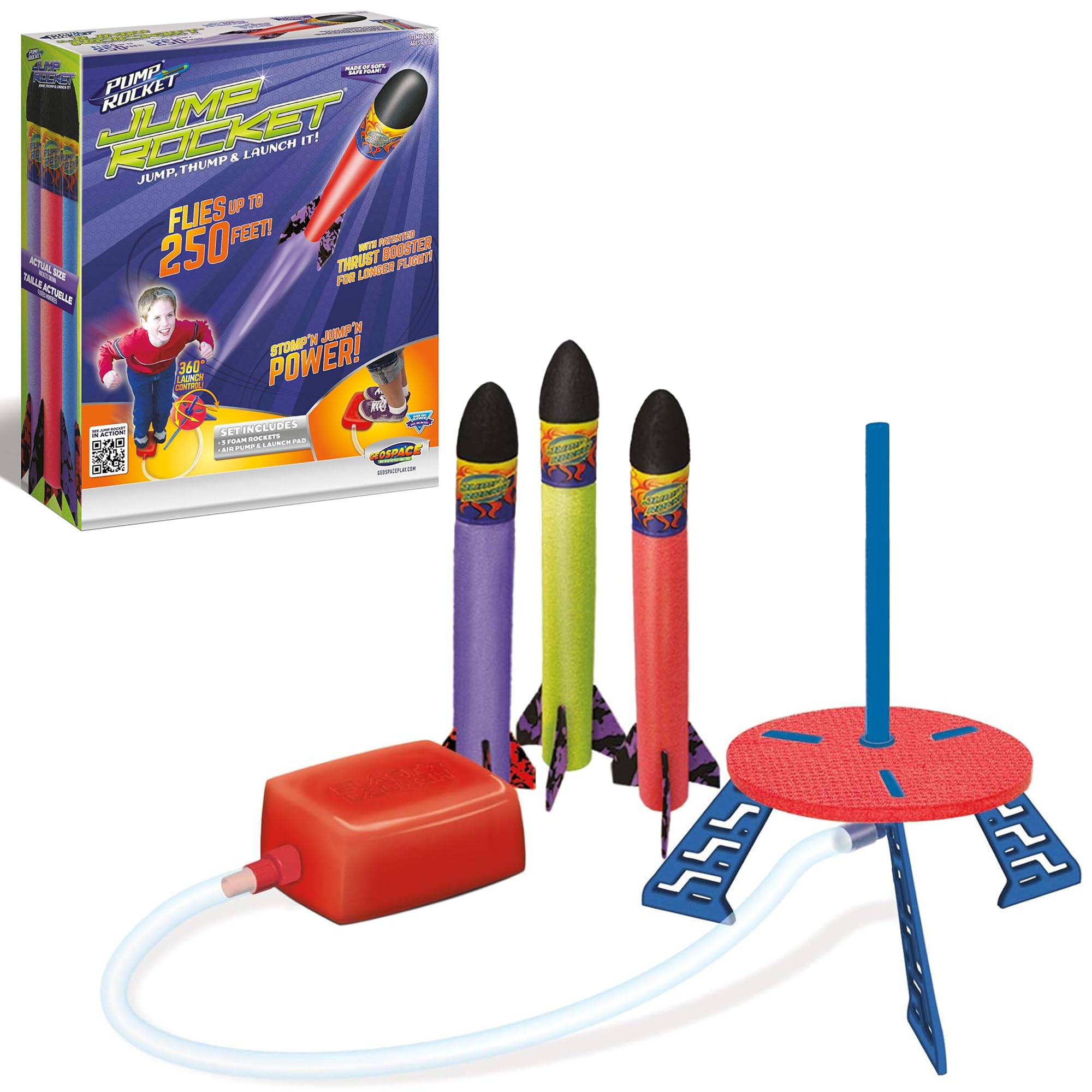 Geospace Original Jump Rocket Set with Launcher and 3 Foam Rockets for Outdoor Backyard or Beach Play - Great for Young Kids & Soars up to 250 feet (Original Jump Rocket Set for Boys & Girls)