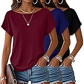 Huukeay 3 Pack Boat Neck Off The Shoulder Tops for Women, Short Sleeve Loose Shirts Causal Oversized Tunic Basic Tees