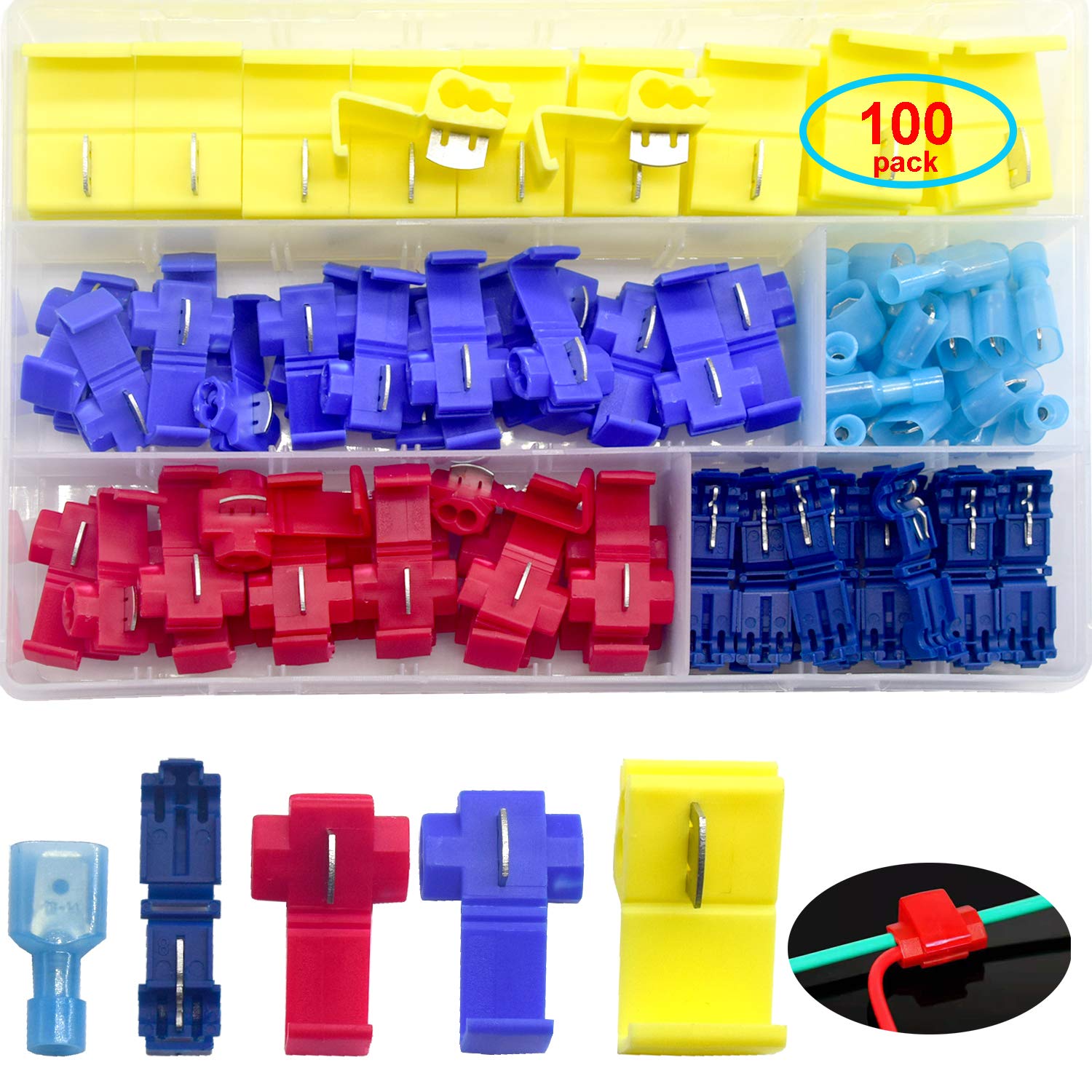 Yosawa 100-Pieces Lock Wire Terminal Connectors,Quick Splice Solderless Wire and T-Tap Electrical Connector Assortment Kit AWG22-10 (XJ)