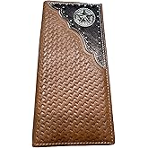 Western Stakes Men’s Long Leather Wallet – Basketweave Rodeo Bifold with Hair-On Cowhide and Lone Star Concho – Cowboy Checkbook Wallet for Ranchers & Texas Western Gifts