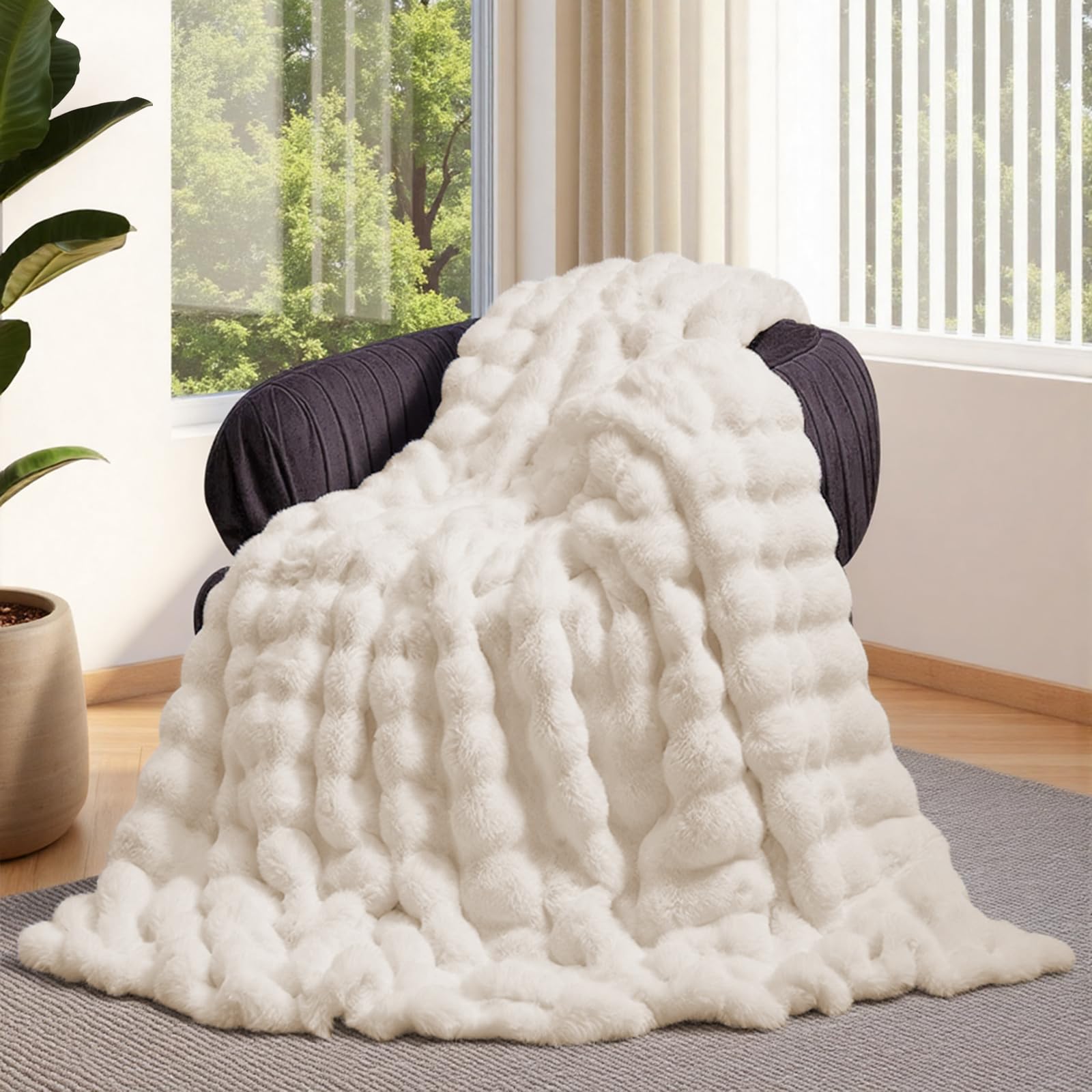 Photo 1 of Lotus Karen Faux Fur Throw Blanket Cream White - Big Bubble Rabbit Fluff Blanket for Couch, Small Fluffy Fuzzy Cozy Blanket, Thick Furry Plush Shaggy Blankets, 50x60 Inches