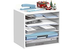 SHARKWOODS 5-Tier Wood Desk Organizer, Paper Tray Organizer for Desk with Adjustable Storage Shelves, Desktop Paper Sorter Mail Holder for Office Home Classroom, White