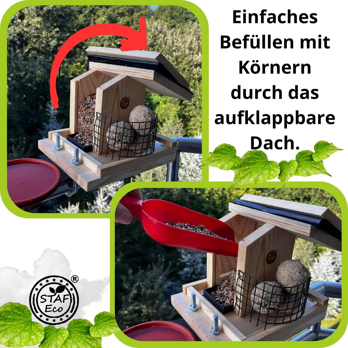 STAFECO Vogelfutterhaus Vogelhaus für Balkon wetterfest Futterhaus balkongeländer Holz imprägniert Handarbeit Gartenvögel im Garten Balkonhalterung mit Einer Größe von 30 bis 60 mm (Balkon 2) 7