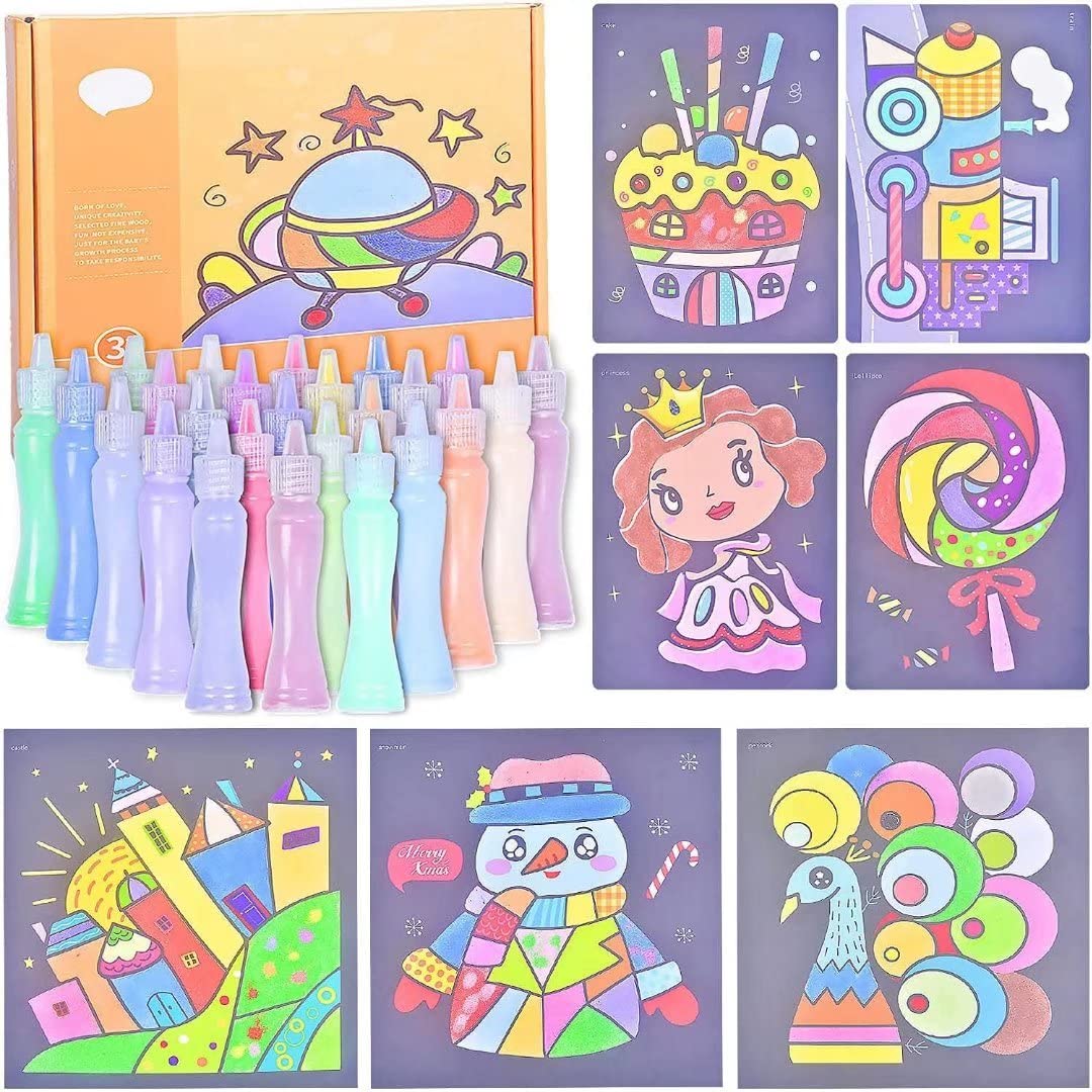 Toptime Sand Painting Card Kit - 42 Different Cartoons with 24 Colorful Sand, Sandblasting, Creative Educational DIY for Girls and Boys, Painting Art for Children 3+
