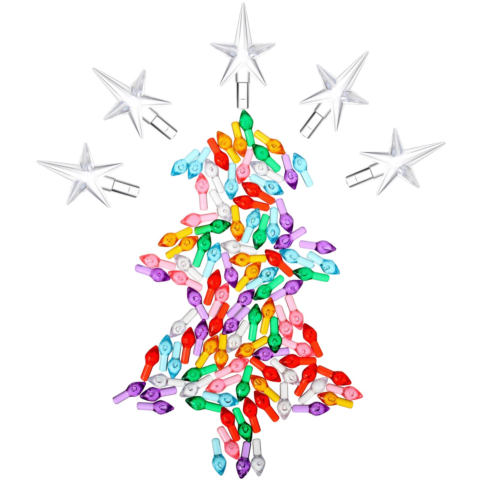 100 Pieces Plastic Christmas Tree Bulbs and 5 Stars Replacement Tree Bulbs for Ceramic Christmas Tree Decorations (3.8 mm Diameter, Assorted Color)