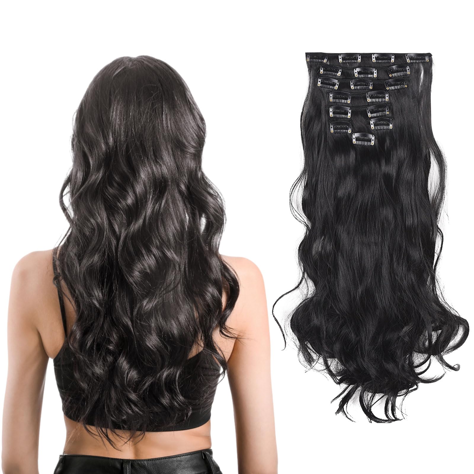 UILYNIU Black Clip in Hair Extensions Hair Extensions Clip in Curly Synthetic in Extension Synthetic Fiber Pieces for Women 23 Inch Seamless (Black)