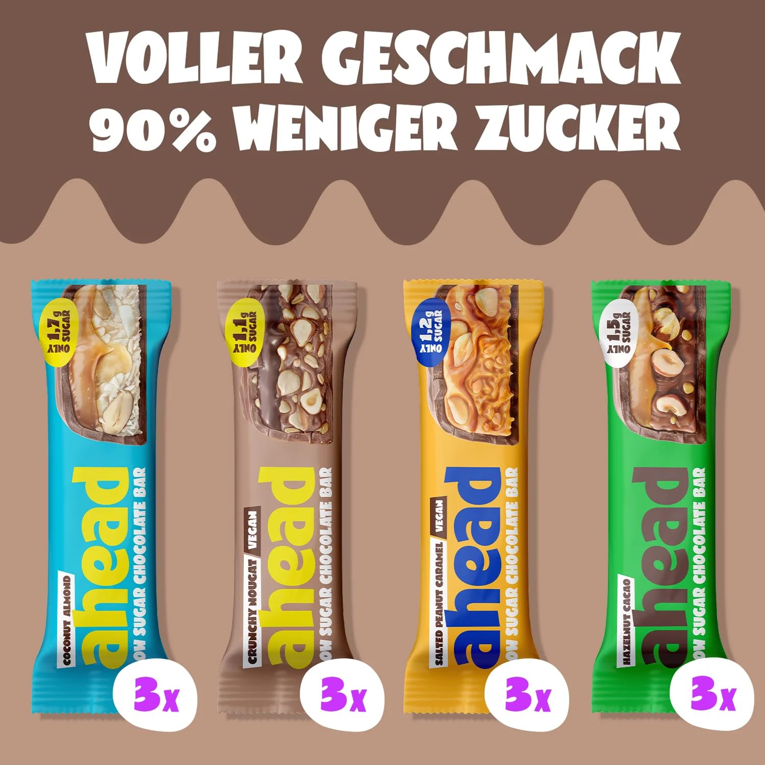 AHEAD Schokoriegel Probierpaket 2.0 |12x Keto Riegel – max. 1,7g Zucker* & 6g Net Carbs Pro Riegel | Low carb Süßigkeiten | Schokolade ohne Zuckerzusatz | Keto Schokolade 2
