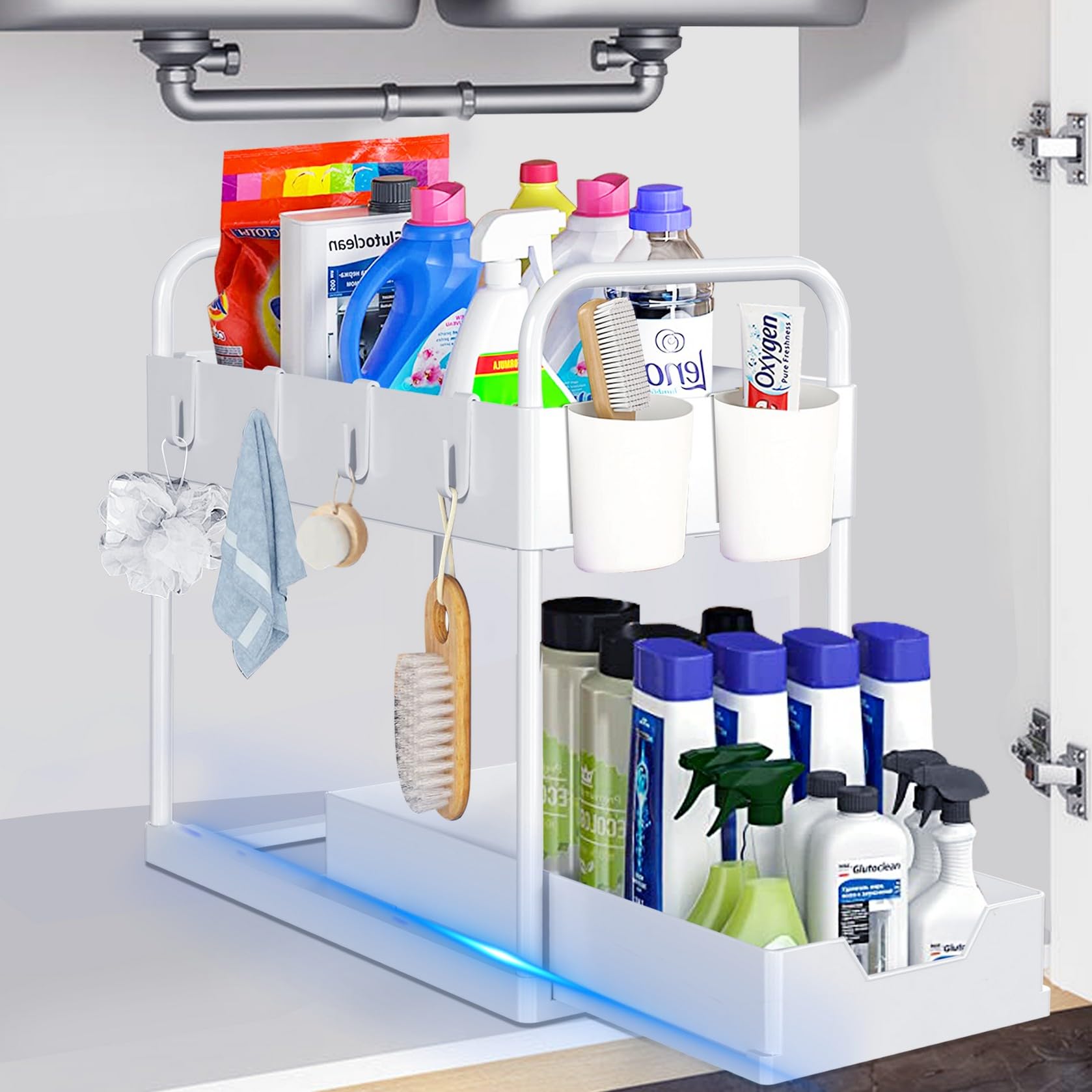 YIFOV Under Sink Storage Kitchen Organiser, 2 Tier Under Sink Shelf with Slide Out Drawer, Multi-Purpose Under Sink Bathroom Storage Rack for Countertop Laundry, White