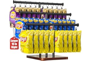Usluole Chip Rack Display Stand, 3-Tier 42 Clips Snack Organizer for Office Desk, Classic Wood Base Chip Holder for Party, Snack Display Rack for Countertop Concession Stand, Retail Store Home