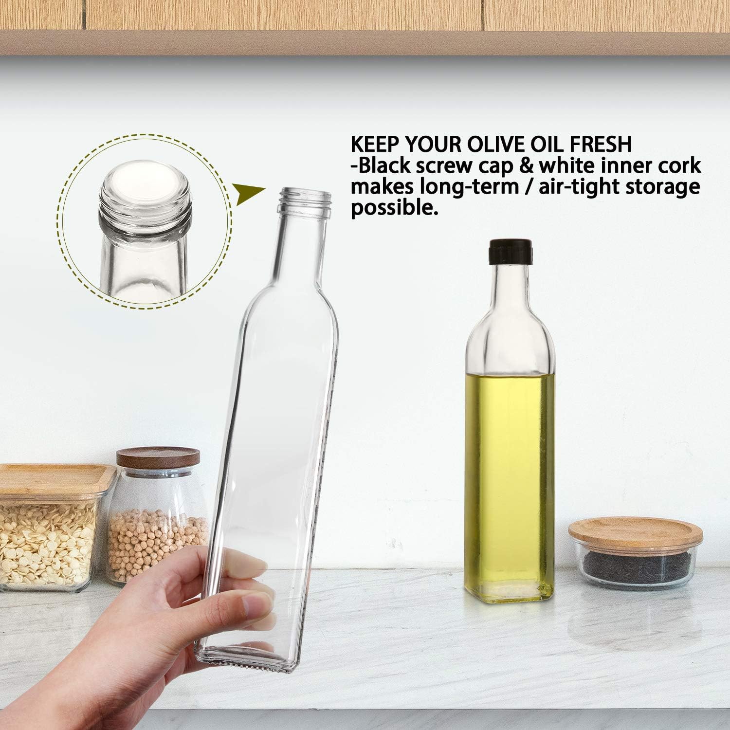 Aozita 17oz Clear Glass Olive Oil Dispenser Bottle - 500ml Oil & Vinegar Cruet with Pourers and Funnel - Olive Oil Carafe Decanter for Kitchen: Home Improvement