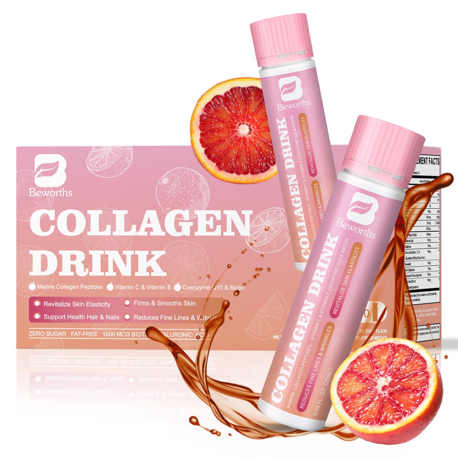 Liquid Collagen Peptides Drink, Liquid Collagen and Biotin Supplement for Women with Coenzyme Q10, Hyaluronic Acid, Biotin, Vitamin C, E - Support Revitalize Skin Elasticity, Hair Nail & Smooths