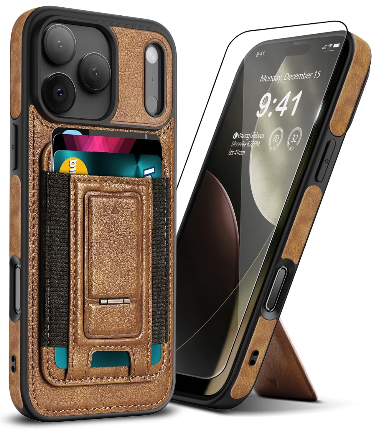 Photo 1 of MOLLNSSN for iPhone 17 Pro Max Leather Case, Wallet Case with Card Holder (3 Cards) & Kickstand, Slim Protective Cover with Stand for iPhone 17 Pro Max 6.9"?Brown