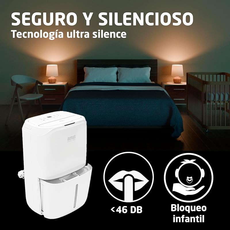 – Deshumidificador MIST - Capacidad 20L/día - Depósito extraíble 5,5L - Control de Humedad y Temporizador - 36 x 28 x 56 cm - 270W - Cobertura 160m3/h - Silencioso 42 dB - Secado de Ropa