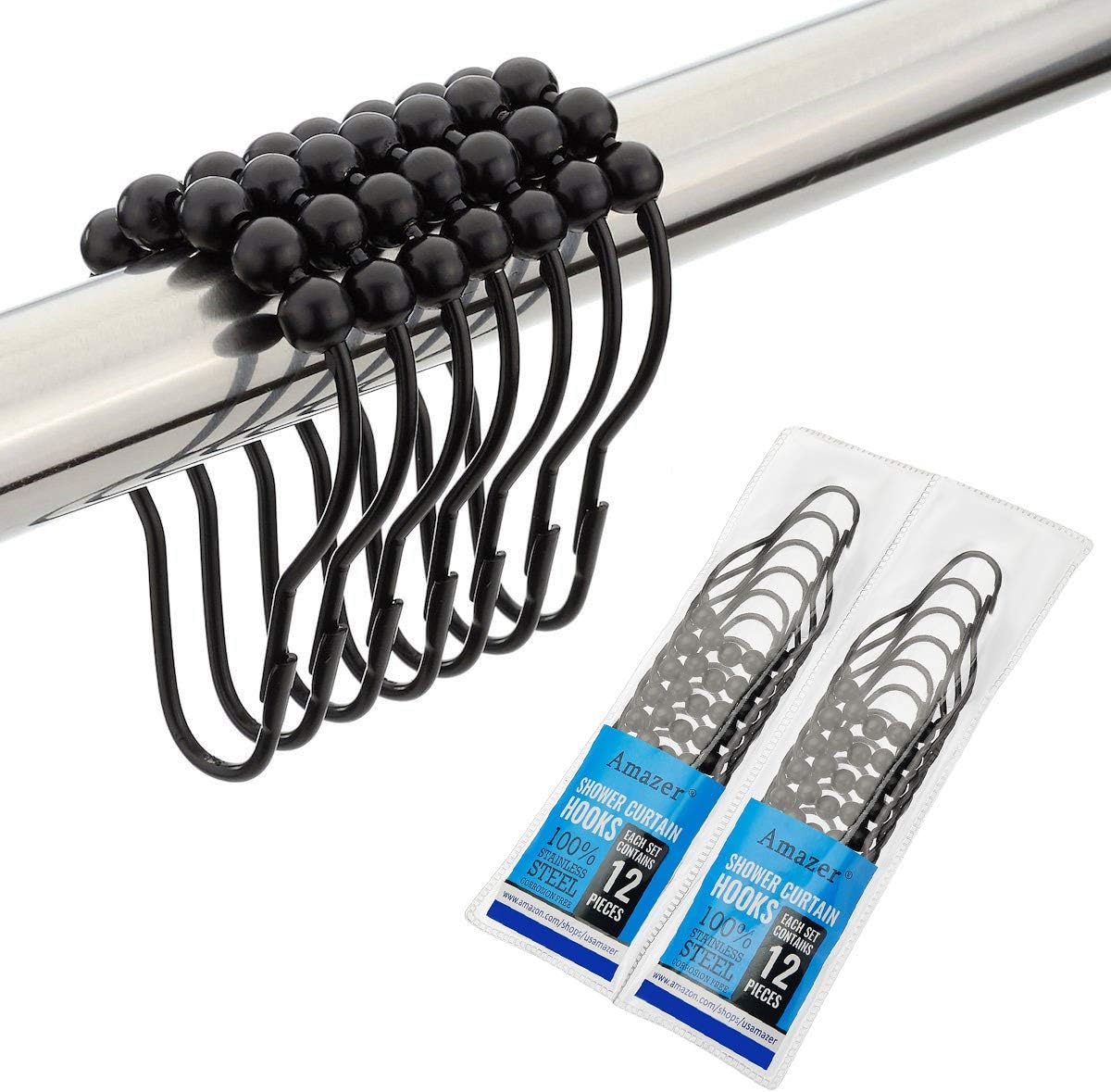 Amazer 2 Pack Shower Curtain Hooks Rings, Stainless Steel Rust-Resistant Shower Curtain Rings and Hooks-Set of 24- Matte Black